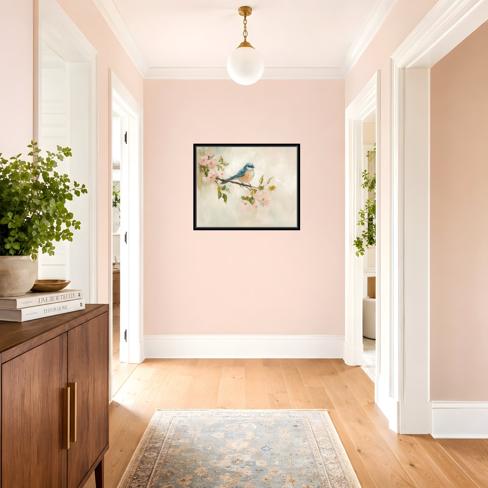 Bluebird artwork with a frame variation in a Modern hallway